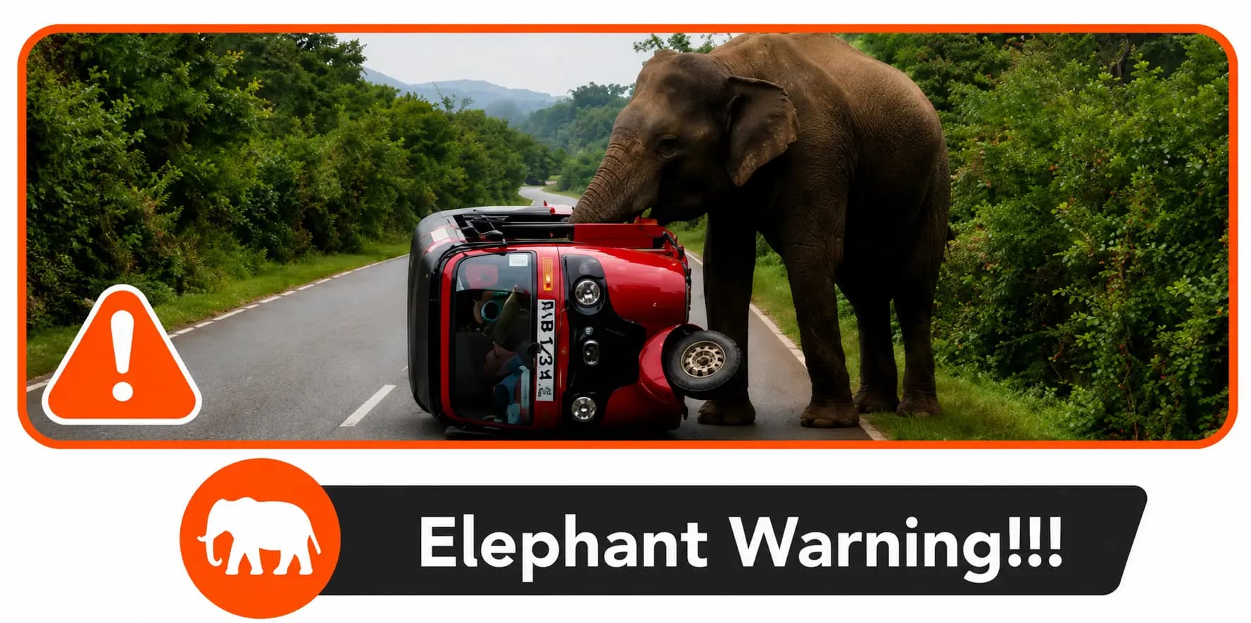 Wild elephant overturning tuk tuk on Sri Lanka road