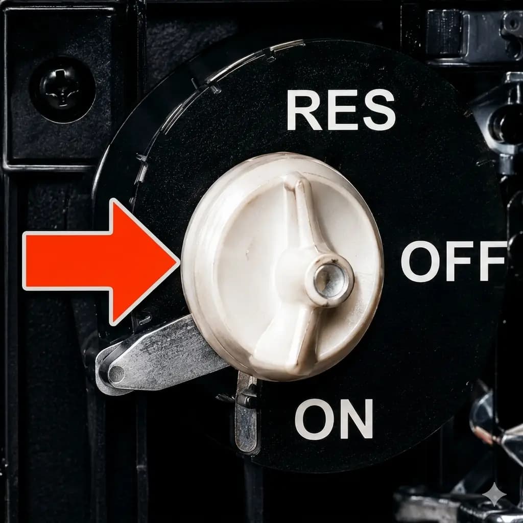 Fuel selector switch showing RES, OFF, ON positions