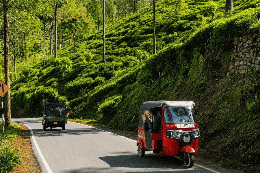 Mountain road driving into Balangoda through Sri Lanka's southern highlands