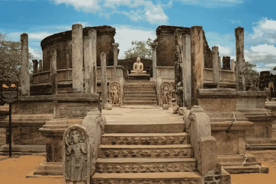 Polonnaruwa Vatadage circular relic shrine with moonstones and stone Buddha statues