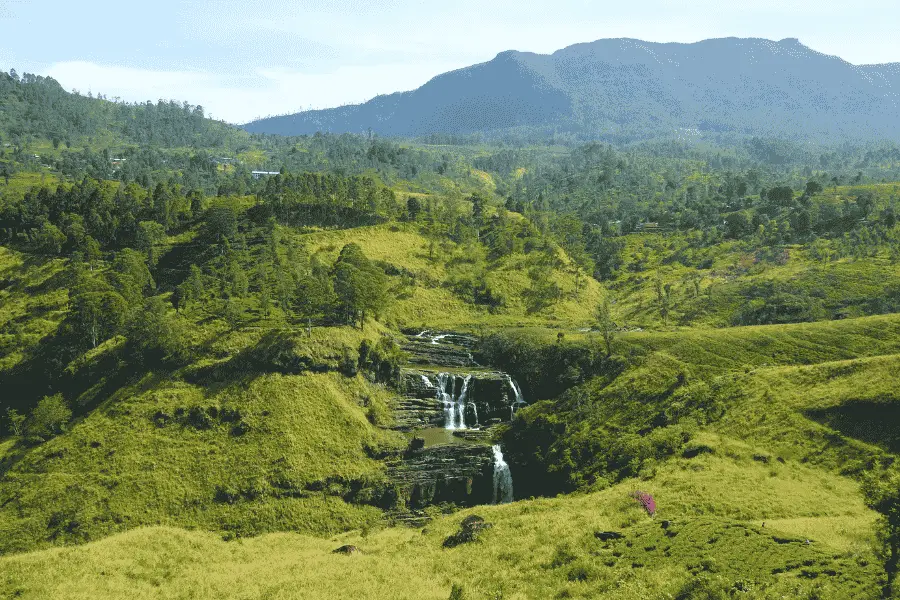 St. Clair's Falls — the Little Niagara of Sri Lanka, a double cascade waterfall surrounded by tea plantations near Nuwara Eliya