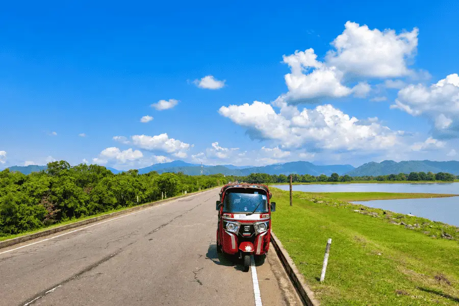 Udawalawe Reservoir at sunrise — vast water, elephants along the shoreline and southern Sri Lanka wilderness