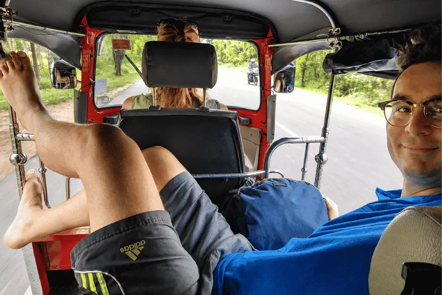 Tuk tuk driving from Negombo to Kandy through Sri Lanka's central hill country