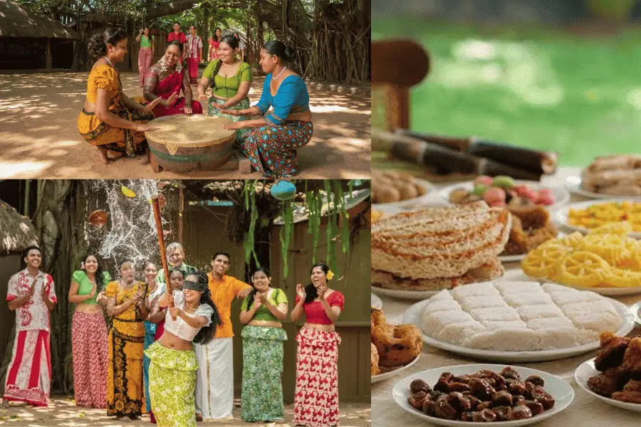 Sinhala and Tamil New Year celebrations in Sri Lanka — traditional Avurudu games, sweets, and village festivities in April