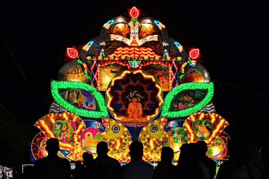 Vesak Festival in Sri Lanka — colorful lanterns, illuminated pandals, and dansal free food stalls during the full moon in May