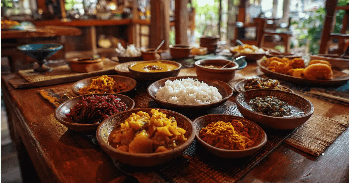 Kandy traditional hill country cuisine in Sri Lanka — rice and curry, jackfruit curry, herbal porridge, and traditional temple sweets